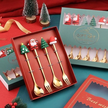 4шт Рождественская ложка Вилка Набор столовых приборов Рождественский подарок Лось Рождественская елка