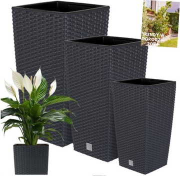 DONICZKI 3x ZESTAW DONICE OGRODOWE RATTAN ELEGANCKIE + WKŁADY ANTRACYT HIT!