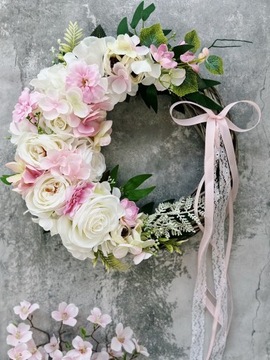 ВЕСЕННИЙ ЦВЕТОЧНЫЙ ВЕНОК НА ДВЕРЬ ПЛЕТЕНЫЙ ВЕНОК СВЕТЛО-РОЗОВЫЙ