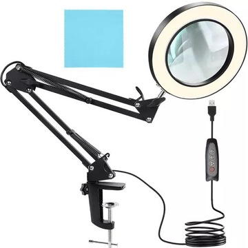 CZARNA OKRĄGŁA LAMPA RING LED I SZKŁEM POWIĘKSZAJĄCYM USB MONTAŻ DO BLATU