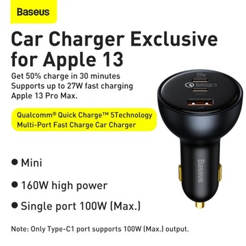 Автомобильное зарядное устройство Baseus — USB + 2xType C — QC5 PD 160 Вт с кабелем Type C