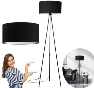 LAMPA STOJĄCA PODŁOGOWA TRÓJNÓG METALOWY ABAŻUR CZARNY