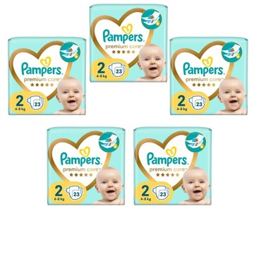 5x PAMPERS Pieluchy Premium Care roz 2 (4-8 kg) 23 szt