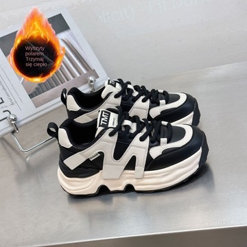 Кожано-флисовая осенняя новая женская спортивная обувь на платформе