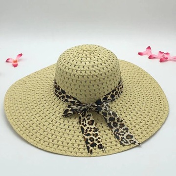 Piękny słomkowy kapelusz anty-uv wygodny lampart Bowknot Decor szerokie