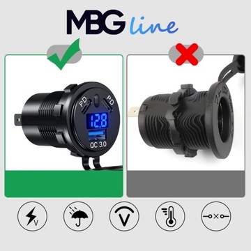 Szybka Ładowarka Motocyklowa Samochodowa 3x USB Woltomierz 63W TYP-C PD 45W