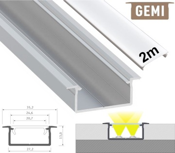 PROFIL LED NA 2 TAŚMY LED ALUMINIOWY WPUSZCZANY GEMI SREBRNY 2M Z KLOSZEM