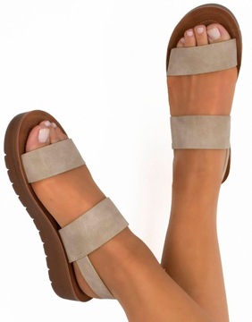 SANDAŁY DAMSKIE BEŻOWE KLAPKI ZAMSZOWE PASKI 39