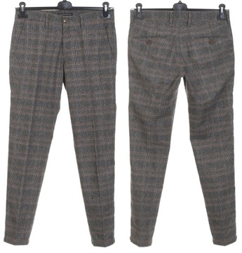 DRYCORN ciepłe brązowe spodnie męskie w kratkę slim fit 68% wełna W29 L32