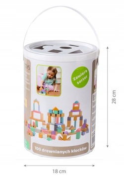 DREWNIANE KLOCKI Z SORTEREM KSZTAŁTÓW WIADERKO 100 SZT ECOTOYS
