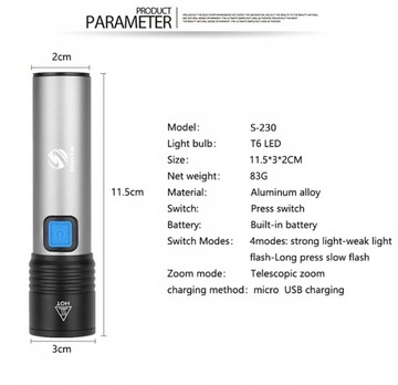 Перезаряжаемый светодиодный USB-фонарик со встроенным светодиодом T6.