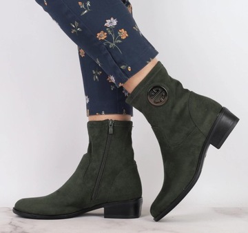 Ciemno zielone botki zamszowe płaskie wygodne i eleganckie Jezzi r.38