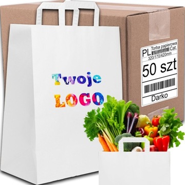 TORBA PAPIEROWA CATERINGOWA BIAŁA 320/170/420mm 32/17/42cm 50SZT EKO+NADRUK