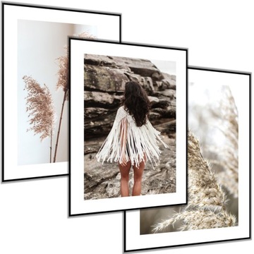 3 x PLAKAT OBRAZ BOHO suche trawy 50x70 zestaw 150x70 pampas beż trawa