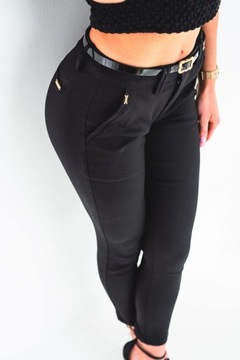 Czarne eleganckie spodnie damskie materiałowe cygaretki z paskiem S