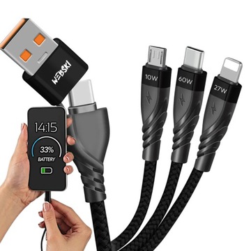 Szybki Kabel Przewód 6w1 USB-C MICRO LIGHTNING Wielofunkcyjny Nylon Oplot