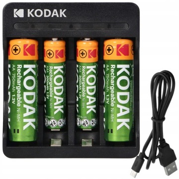 Ładowarka KODAK USB 2xAA 2xAAA + Akumulatorki 2x AA 750mAh + 2x AAA 300mAh