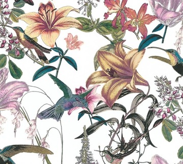 Tapeta ścienna botaniczna w kwiaty ptaki koliber