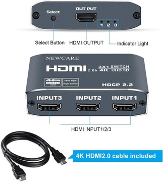 avediolinks 3-портовый алюминиевый HDMI-переключатель 4K, 60 Гц