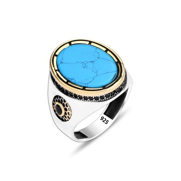 Simple Turquoise Stone Silver Men's Ring, 925 Sterling Silver Ring