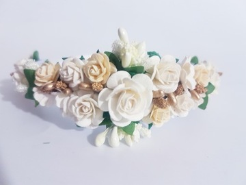 OPASKA KWIATY ECRU+ZŁOTO KOMUNIA RÓŻYCZKI