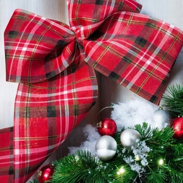 Лента в клетку с золотой нитью 12см/2,7см для банта на дверь в подарок