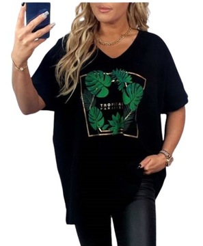 T-SHIRT KOSZULKA BAWEŁNA Liście palmy PLUS SIZE V dekolt 2XL-5XL T39