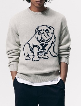 ZARA MAN SWETER ŻAKARDOWY Z BULDOGIEM MELANŻ XL/XXL