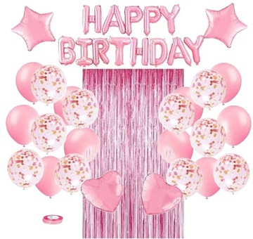 ZESTAW HAPPY BIRTHDAY BALONY KURTYNA 40SZT DEKORACJA RÓŻOWA