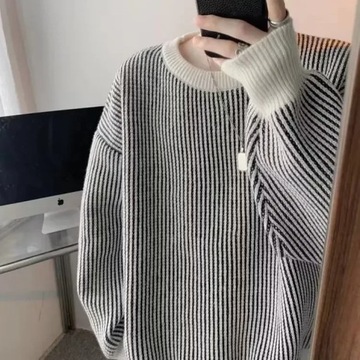 Striped Knitted Sweater Coat Men Japanese Oversize