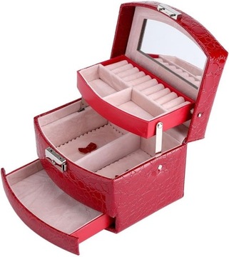 Pudełko na biżuterię skórzane 3 tace z szufladami, aksamitne wnętrze