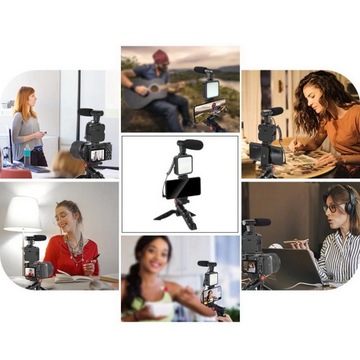 Набор для видеоблога, светодиодная лампа, микрофон, держатель, штатив, пульт дистанционного управления.