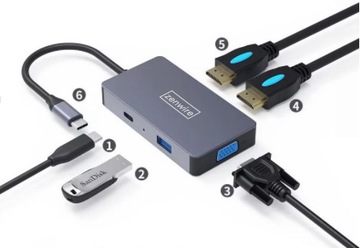 АДАПТЕР-ХАБ Адаптер-разветвитель 5 В 1 USB-C 3.1 2x HDMI 4K VGA USB 3.0