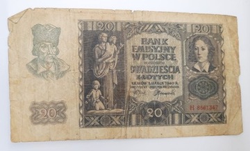 Старая коллекционная банкнота Польша 20 злотых 1940 года.