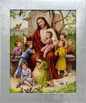 OBRAZ 30x25 JEZUS Z DZIEĆMI SREBRNA RAMA