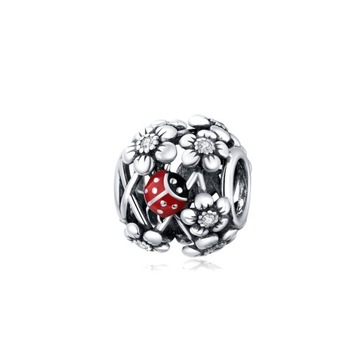 Charms ORNAMO Biedronka z Kwiatkami Emalia Cyrkonia biała Srebro próba 925