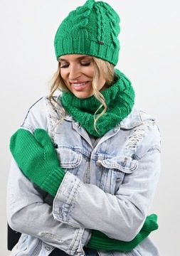 CZAPKA KOMIN RĘKAWICZKI damski ciepły komplet na zimę modna Zieleń Prezent