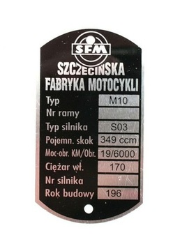 Tabliczka znamionowa na ramę do JUNAK M10 S03 SZCZECIŃSKA FABRYKA MOTOCYKLI