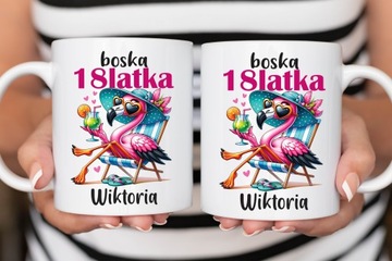 PREZENT na 18 URODZINY dla Kobiety KUBEK + PODUSZKA Boska 18 flaming IMIĘ