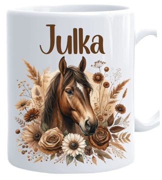 KUBEK CERAMICZNY Z KONIEM KOŃ brązowy boho kwiaty + DOWOLNE IMIĘ