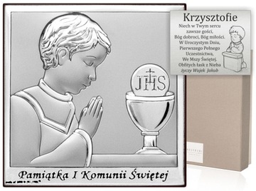 Srebrny Obrazek I Komunia Chłopiec IHS 16cm Grawer