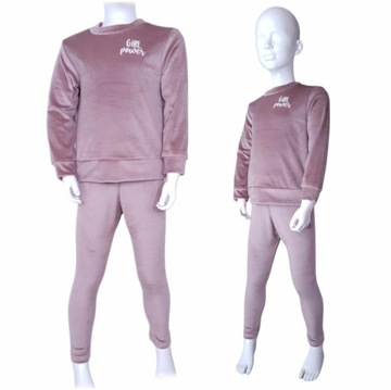 Piękny dres welurowy dziewczęcy beżowy spodnie legginsy polska produkcja