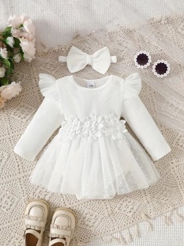 Sukienka wizytowa tiulowa body biała ecru opaska CHRZEST do CHRZTU 62-68