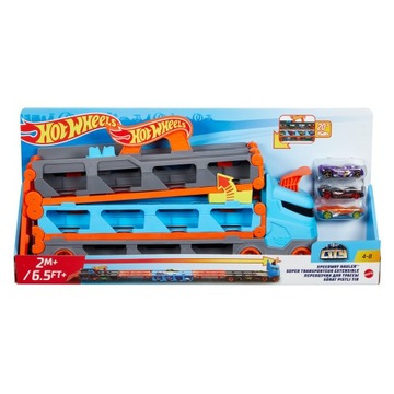 Hot Wheels Wyścigowy transporter 2w1 z 3 samochodzikami w skali 1:64 GVG37