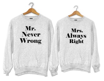 Zestaw Bluz dla Pary, Bluzy Mąż Żona, Mr Never Wrong i Mrs Always Right