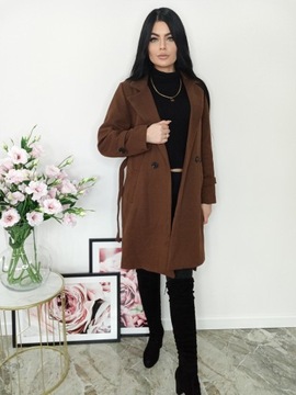 KLSYCZNY JESIENNY DŁUGI PŁASZCZ Z PASKIEM BRĄZOWY