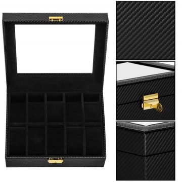 ORGANIZER SZKATUŁKA NA ZEGARKI 10x BIŻUTERIĘ PUDEŁKO ETUI ELEGANCKIE CARBON