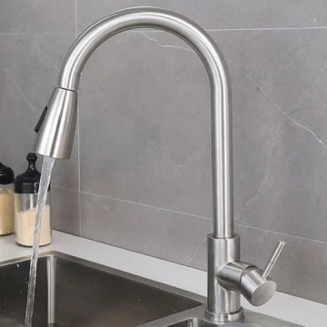 КУХОННЫЙ Смеситель для мойки, ВЫДВИЖНОЙ ИЗЛИК, ВЫСОКИЙ ПОВОРОТ, СТАЛЬНОЙ смеситель