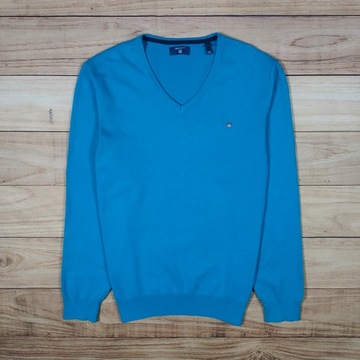 GANT Sweter Męski Cashmere V Neck Niebieski Logowany r. L