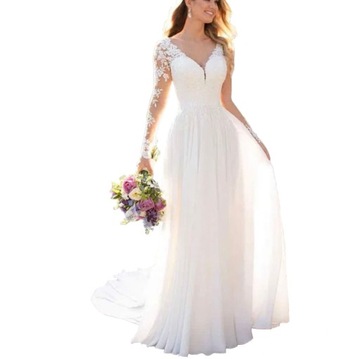 Suknia ślubna linia-A dekolt szpic koronka długie cieliste rękawy 52 22W